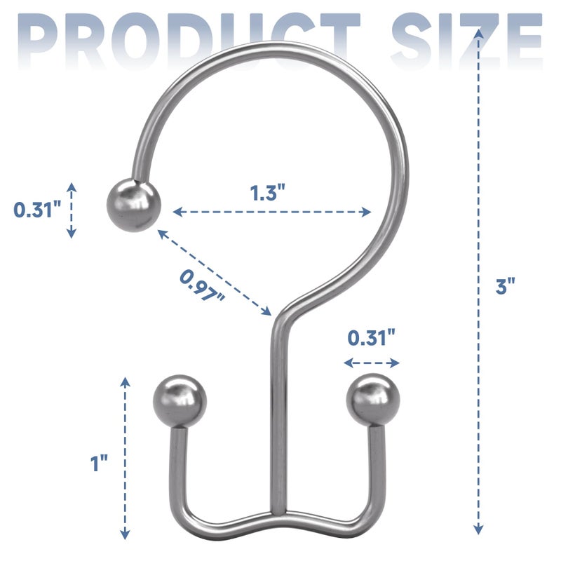 Titanker Shower Curtain Hooks Chrome, Minimalist Simple Double Glide Shower Curtain Rings, Rust Proof Metal Shower Hooks Rings for Bathroom Shower Rods Curtains, Set of 12 Hooks - Image 2